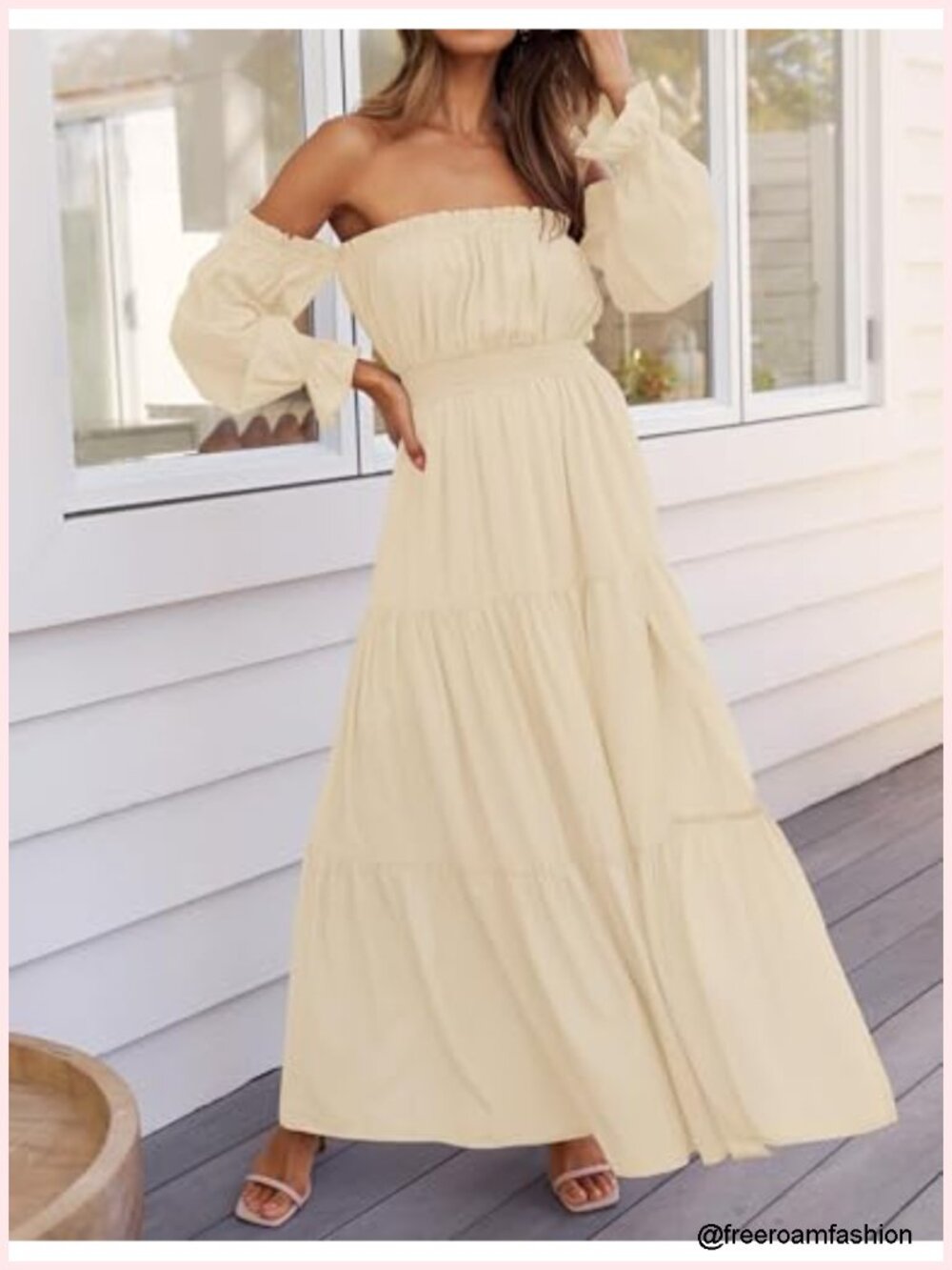 Off Shoulder Maxi Dress with Puff Sleeves and Side Split - Flowy A-Line, High - Picture 2 of 6